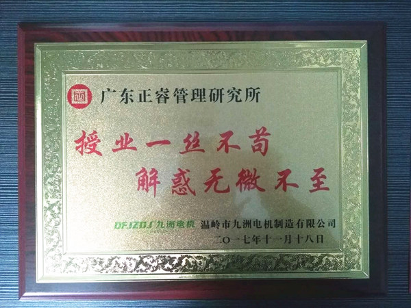 溫嶺市九洲電機制造有限公司贈與廣州正睿授業(yè)一絲不茍與，解惑無微不至牌匾